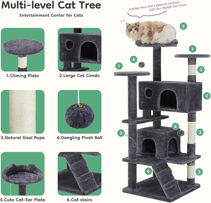 DUMOS 54-inch Indoor Cat Tree Tower –Multi-Level Pet House for Large Cats with 2 Condos, Scratching Posts, Round Platform, Small Ladder, and Toys – Perfect for Cats of All Ages, Dark Grey