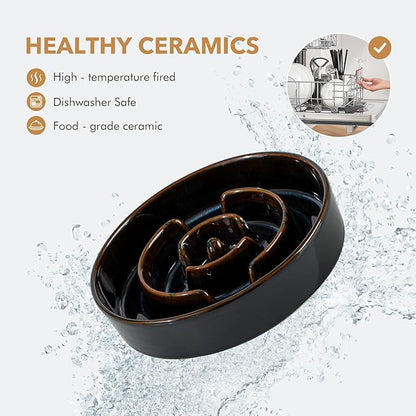 Ceramic 1.6 Cup Raised Slow Feeder Dog Bowl Set, Elevated 7.3inch Bowl and 8.2inch Dish with Acacia Wood Stand for Medium and Large Dog(Starry Sky)