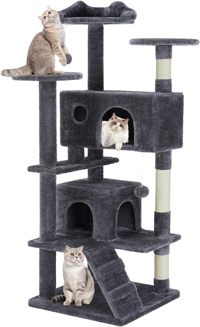 DUMOS 54-inch Indoor Cat Tree Tower –Multi-Level Pet House for Large Cats with 2 Condos, Scratching Posts, Round Platform, Small Ladder, and Toys – Perfect for Cats of All Ages, Navy Blue