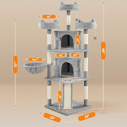 Yaheetech | 68.5in Cat Tree | for Large Cats | Multi-Level Cat Tower with 3 Wide Perches, Large Condo | Stable Pet Play House w/Sisal-Covered Scratching Posts & Board | Light Gray