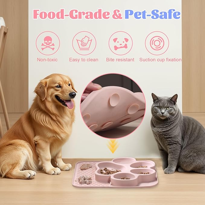 Silicone Slow Feeder Dog Bowls & Cat Bowls, 2 Cups Small Pet Food Bowl with Non-Slip Suction Base, Food-Grade Safe Puzzle Feeder for Small & Medium Dogs & Indoor Cats (Paw Lick Mat (Pink))