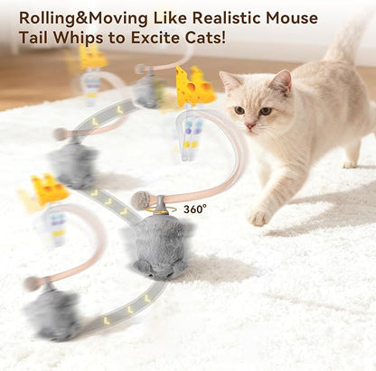Migipaws Interactive MigiMouse Cat Toy 360° Rolling & Spin with Mesh Plastic Tail for Indoor Cats Smart Motion Sensor, Realistic Squeak, Rechargeable Plush Kitten Toy(Grey)