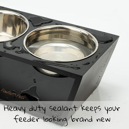 Pawfect Pets Elevated Dog Bowl Stand- 7" Raised Dog Bowl for Medium Dogs. Pet Feeder with Four Stainless Steel Bowls (Black)
