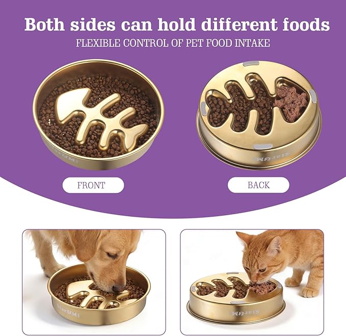 Golden Stainless Steel Slow Feeder Dog Bowls – Non-Slip Metal Dog Bowl for Large & Medium Breeds, Puppy Puzzle Feeder – 2 Cup Capacity for Small to Big Pets – Durable Slow Feed (Fishbone-Golden)