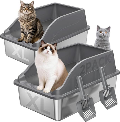 2PACK Stainless Steel Litter Boxes, Extra Large XL Odor Free Metal Litter Box with High Sides, Open Top Litter Pan Include Scoop Easy Cleaning Anti-Scratch Kitty Cat Box Anti-Urine Leakage, Non-Sticky
