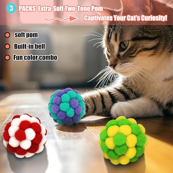 Cat Ball with Bell 3 Jingle Bell Ball & 3 Soft Pom Pom Balls Interactive Kitten Toys for Hunting Kicking, Handmade Small 1.8” & Large 2.1” for Cats Kittens 6 Pack