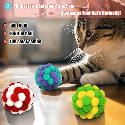 Cat Ball with Bell 3 Jingle Bell Ball & 3 Soft Pom Pom Balls Interactive Kitten Toys for Hunting Kicking, Handmade Small 1.8” & Large 2.1” for Cats Kittens 6 Pack