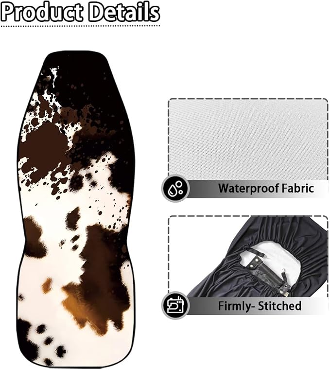 Car Seat Covers Waterproof Brown Cow Print Car Seat Covers Front Seats Only Easy Installation Stretch Polyester Fabric Cover Suitable for Cars, SUV and Trucks, 2 Pack