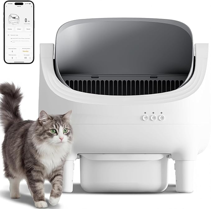 Self Cleaning Cat Litter Box, Greesum Automatic Open-Top Smart Litter Box with App Control, 15L Odor-Sealed Waste Bin, Quiet 35dB, Safety Sensors for Large Cats & Multi-Cat Homes