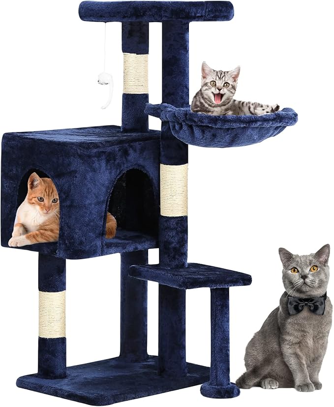 BestPet | 37" Cat Tree Tower | Navy Blue | Sturdy Multi-Level Cat Tree with Plush Condo, Cozy Perch, Sisal Scratching Posts, Hanging Toy and Hammock | Easy Assembly | for Kittens & Adult Cats