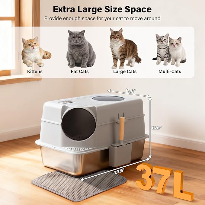 Stainless Steel Litter Box with Lid, Extra Large Enclosed Cat Litter Box for Big Cats, Metal Cat Box with High Sided Enclosure & Scoop, Front & Top Entry, Odor Free, Anti-Leakage, Grey