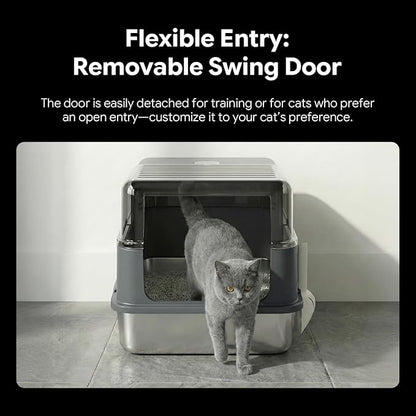 Stainless Steel Cat Litter Box with Lid – Enclosed & Covered High-Sided Kitty Litter Box, Medium or Small, Metal Litter Pan for Cats and Kittens, Odor Control, Easy Cleaning