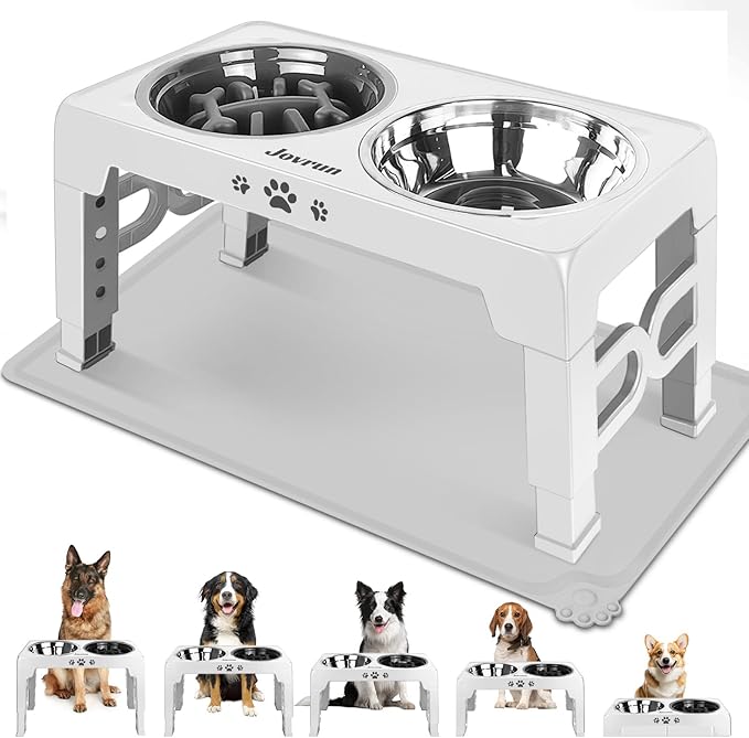 Elevated Dog Bowls for Medium Size Dogs with Mat, Non-Slip Dog Feeder with 1*Stainless Steel Dishes & 1*Slow Feeder Bowl, 5 Heights Adjustable Raised Bowls for 3.15″-8.66″-9.84″-11.02″-12.2″
