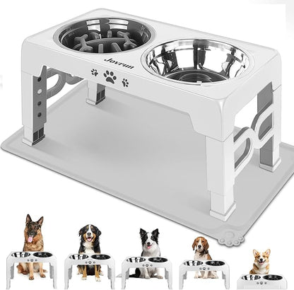 Elevated Dog Bowls for Medium Size Dogs with Mat, Non-Slip Dog Feeder with 1*Stainless Steel Dishes & 1*Slow Feeder Bowl, 5 Heights Adjustable Raised Bowls for 3.15″-8.66″-9.84″-11.02″-12.2″