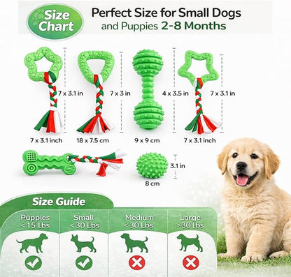 Puppy Chew Toys, 6 Pcs Teething for Small Breed, Soft Rubber Cute Green Dog Toys, Eco-Friendly, Teeth Cleaning, Interactive Tiny Toys for Small Dog,(Basket not Included)