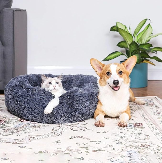 Cat Beds for Indoor Cats - Cat Bed Washable 20 inches, Dog Beds for Small Medium Dogs, Anti Anxiety Round Fluffy Plush Faux Fur Pet Bed, Thick Bottom (Dark Grey, Medium)