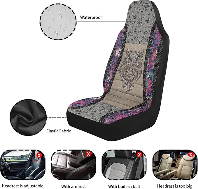Owl Car Front Seat Covers Waterproof Universal Front Seat Cover Boho Floral Removable Automotive Accessories Suitable for Cars, SUV and Trucks