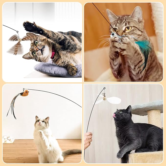 Cat Wand Toy, Cat Feather Toys Replacements, Cat Teaser Refills Toys Attachments Natural Feather Worms Refills with Bells for Indoor Cat Interactive Toys Exercise Playing (Bird)