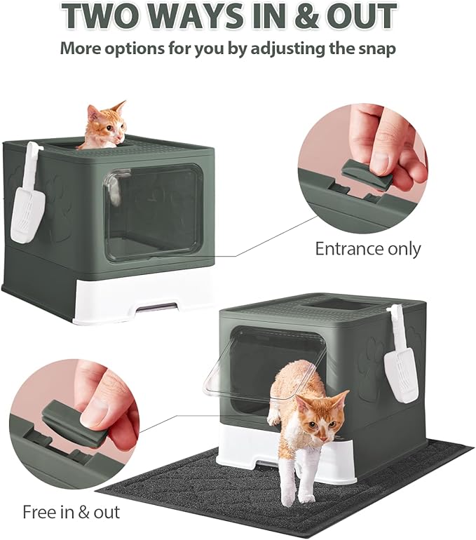 Cat Litter Box with X-Large Litter Mat and Scoop, Large Covered Litter Box with Lid, Enclosed Kitty Box,Front Top Entry Exit, Odor Control Easy to Clean (Upgrade Olive Green)