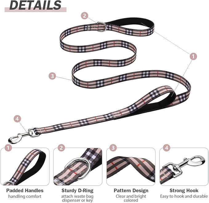 Hikiko 4 Foot Cute Girl Double Handle Dog Leash Padded Traffic Handles for Walking Training (Beige Plaid, 4ft)
