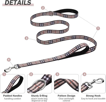 Hikiko 4 Foot Cute Girl Double Handle Dog Leash Padded Traffic Handles for Walking Training (Beige Plaid, 4ft)