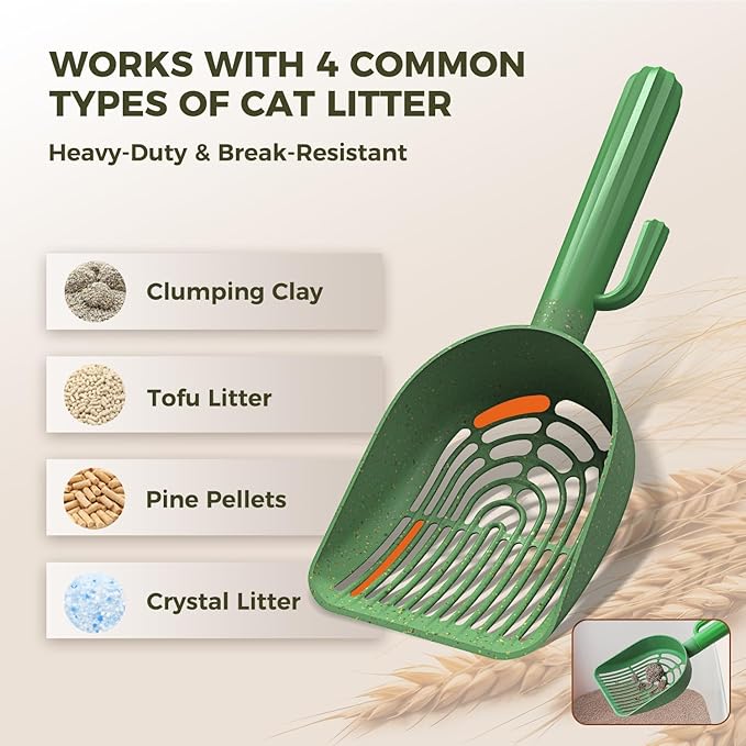 Cactus Cat Litter Scooper with Holder - 2 Replaceable Wheat Straw Plastic Shovels & ABS Handle and Box - Cat Litter Scoop with Bag & Trash Bag Storage - Premium Kitty Litter Scoop Green