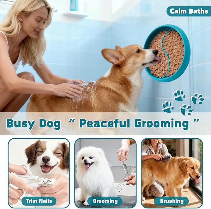 Dog Lick Bowl, Non-Slip Slow Feeder Dog Bowl, Silicone Licking Mat with Treat Dispenser, Entertainment Dog Puzzle Play, Feeder Bowl to Relieve Anxiety, Dishwasher Safe,with Brush & Spatula(Dark Teal)