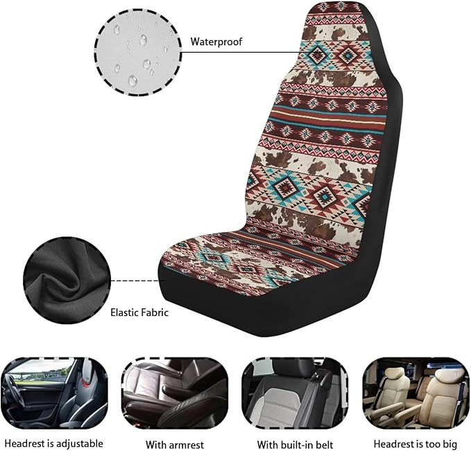 Aztec Cow Print Car Seat Covers Full Set of 2 Waterproof Breathable Car Seat Cover for Front Seats Elastic Fabrics Easy to Install Universal for Auto Truck Van SUV