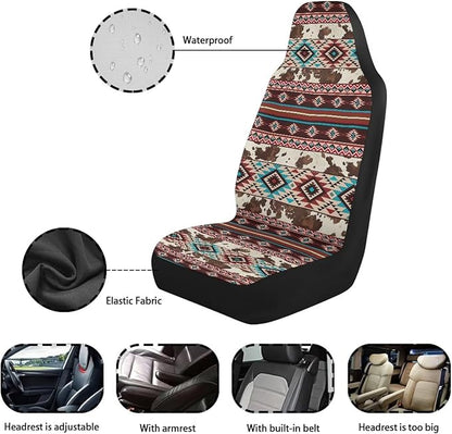 Aztec Cow Print Car Seat Covers Full Set of 2 Waterproof Breathable Car Seat Cover for Front Seats Elastic Fabrics Easy to Install Universal for Auto Truck Van SUV