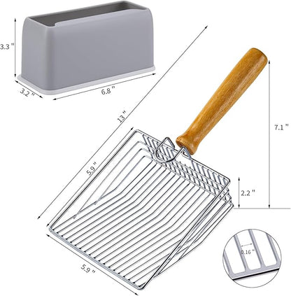 DHXYZZB Metal Cat Litter Scoop with Holder - Heavy Duty Litter Scooper & Speed Sifter with Comfortable Wood Grip - Washable Convenient Stand for Easy and Efficient Cleaning