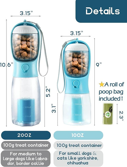 Portable Water Bottle for Dogs, 3 in 1 Pet Travel Bowl Dispenser with Food Treat Container & Poop Bag Holder, Summer Walking Hiking Accessories for Large Dog On The Go - Darkblue, 20oz