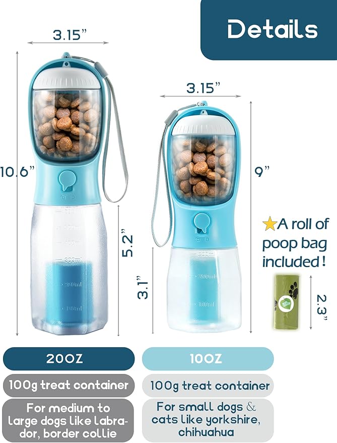 Portable Water Bottle for Small Dogs, 3 in 1 Pet Travel Bowl Dispenser with Food Treat Container & Poop Bag Holder, Summer Hiking Walking Accessories for Puppy On The Go - Blue, 10oz