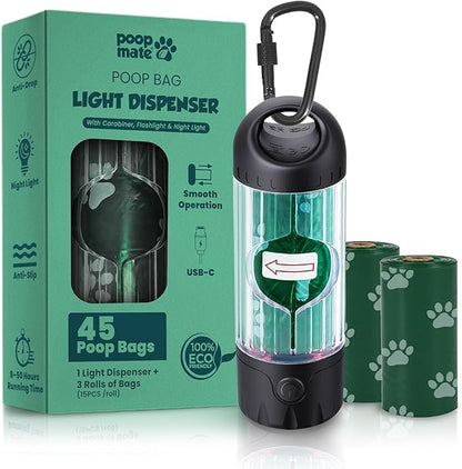 Dog Poop Bag Dispenser with LED Flashlight & 45 Bags (3 Rolls) – USB-C Rechargeable, Waterproof, Anti-Slip Clip, Hands-Free Dog Waste Bag Holder for Night Walks & Outdoor Adventures