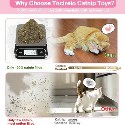 Tocirelo Catnip Toys for Cats Bite-Resistant - 3Pack Funny Pink Cat Nip Toys with 100% Pure 45000mg Organic Catnip, Safe Kitten Teething Kicker Toys for Indoor Cats, Soft Plush Cat Chews 5.9inch