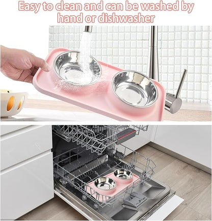 Double Dog Food Bowls with Mat,Stainless Steel Dog Bowls with No Spill Non Skid Silicone Mat Removable Cats Water and Food Bowl Set for Puppy Cats Kitten Small Medium Dogs(Pink)