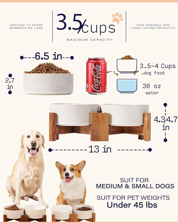 Getstar Ceramic Dog Bowls Set with Acacia Wood Stand, 3.5 Cups Pet Bowls Set of 2 for Medium Dogs, Cute Dog Food Bowl, Cat Bowls
