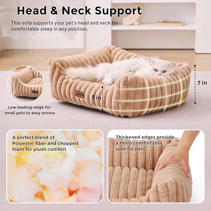 Small Dog Beds for Small Dogs - Washable Cat Beds for Indoor Cats, Rectangle Orthopedic Puppy Bed with Fluffy Removable Cover, 20x19x7inches, Cream