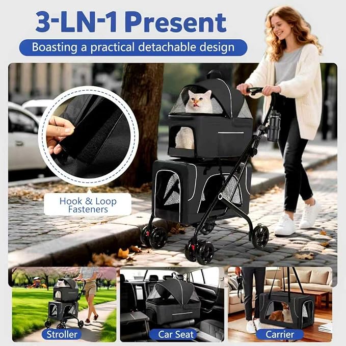 Double Dog Stroller with Cup Holder, Foldable 3-in-1 Cat Strollers with 2 Detachable Carriers, Safety Belt, Washable Cover, Removable Pads, 4 Wheels Travel Pet Stroller for Small Medium Dogs (Black)