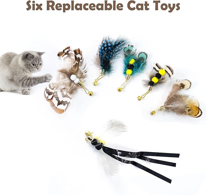 Cat Insect Feather Toys Replacement Cat Toy Wand Refills, 6 Pieces Natural Insect Cat Toy Feathers Refill, Interactive Cat Teaser Wand Attachments, with Bell