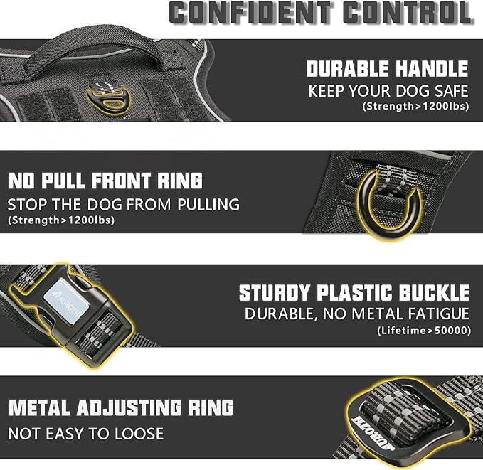 Auroth Tactical Dog Harness for Large Dogs No Pull Adjustable Pet Harness Reflective Working Training Easy Control Pet Vest Military Service Dog Harnesses Black XL
