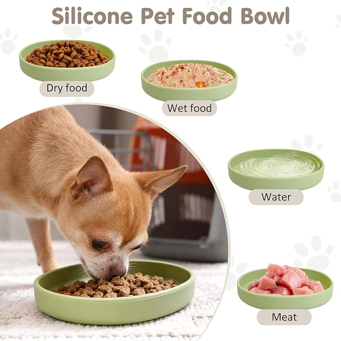 VCEPJH 2 Pack Silicone Dog Plates for Food Shallow Pet Bowl Flat Puppy Food Bowl Whisker Fatigue Cat Feeding Bowls Noiseless Dishes for Dry and Wet Food (Square-Round Green)