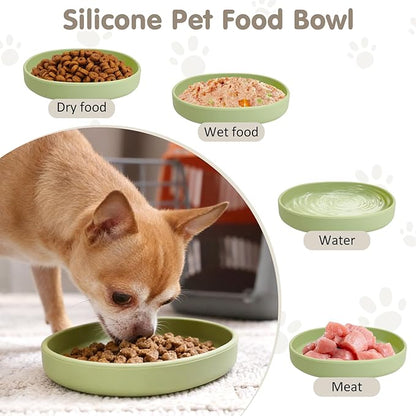 VCEPJH 2 Pack Silicone Dog Plates for Food Shallow Pet Bowl Flat Puppy Food Bowl Whisker Fatigue Cat Feeding Bowls Noiseless Dishes for Dry and Wet Food (Square-Round Green)
