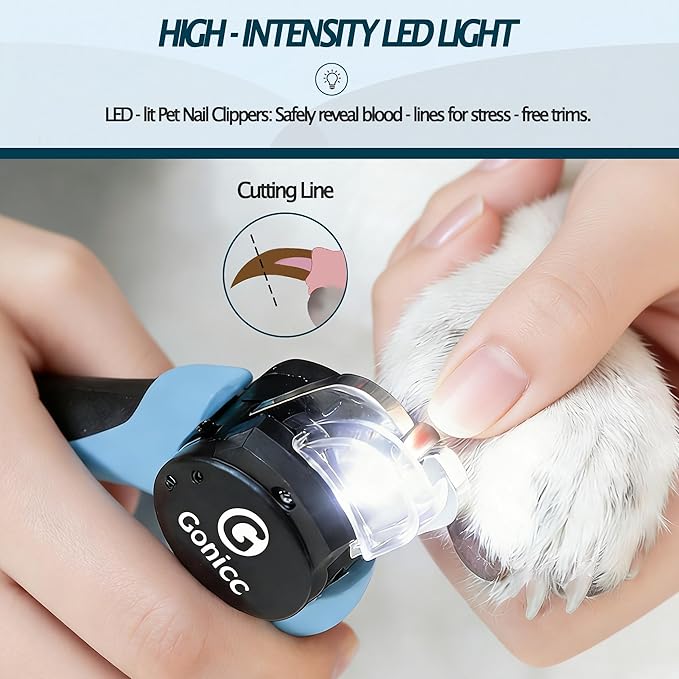 gonicc LED Pet Nail Clippers for Dogs & Cats, Light-Up Dog Nail Trimmer with Safety Lock & Built‑in File, Professional Stainless Steel Nail Clippers for Medium & Large Pets