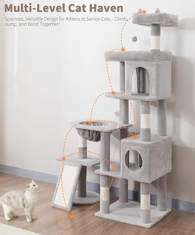 68 Inches Heavy Duty Cat Tree for Indoor Cat, Big Cat Tower with Sisal Scratching Posts and Top Perch, Large Platform for Adult Cats, PMT02GY, Grey