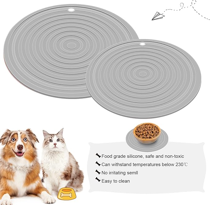 2 Pieces Silicone Pet Food Mat Pet Feeding Mat for Dog and Cat Food Bowl Placemat Preventing Food and Water Overflow Suitable for Medium and Small Pet, 9.5 x 9.5 Inch and 7.1 x 7.1 Inch (Gray)