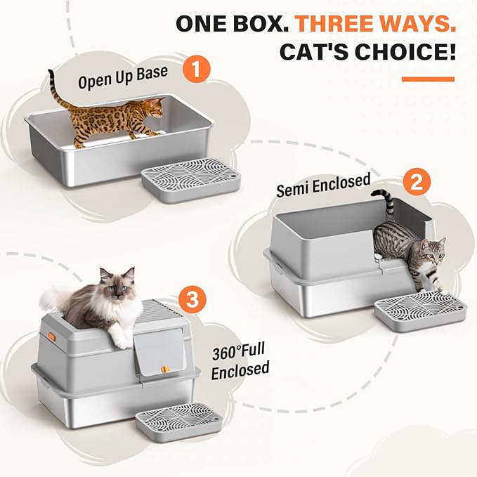Removable Stainless Steel Cat Litter Box with lid, Side & Top Entry Kitty LitterBox，Cat Litter Box Enclosure, XL Extra Large High-Sided Metal Cat Box with Scoop, Footboard（Grey）