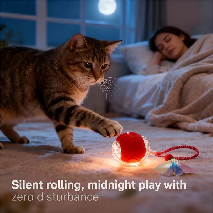 JBD Interactive Cat Toy Ball for Indoor Cats - Silent Automatic Rolling & Self Moving Electric Kitten Toys, USB Rechargeable Smart Ball with Tail, Motion Activated Hunting Exercise for Bored Cats Red