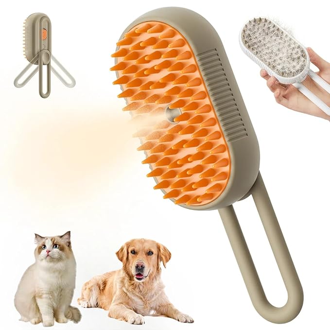 4 in 1 Cat Steam Brush for Shedding, Cat Brush with Steam, Pet Groomer Comb for Massage, Cleaning, Shedding & Combing, Hair Removal Comb for Cats Dogs (Khaki, For short hair)