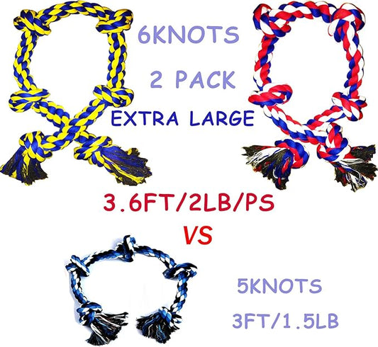 6 Knot 2 Pack 3.6 Feet Large Dog Chew Rope Heavy Duty Aggressive Chewer Durable Tough Toys Interactive Tug of War Play Outdoor Chewing Tugging Breed Pull Long Pulling Toy Pitbull, Blue&Red