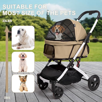Pet Stroller for Medium Small Dog & Cat, Foldable Lightweight Dog Stroller with Storage Basket Pet Travel Carriage with Safety Leashes, 4 Wheel, Khaki